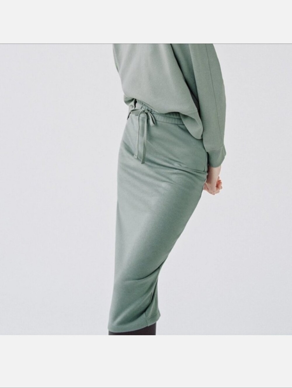 Zara Sage Green Drawstring Fleece Sweat Midi Skirt Back Slit Size Small NWT